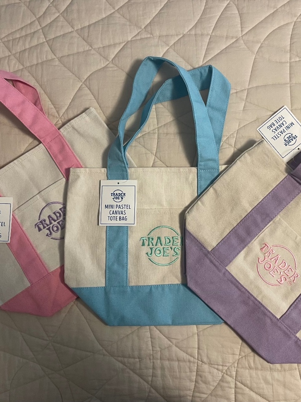 Trader Joe's  Mini Pastel Canvas Tote Bag New with Tags Blue and/or Purple